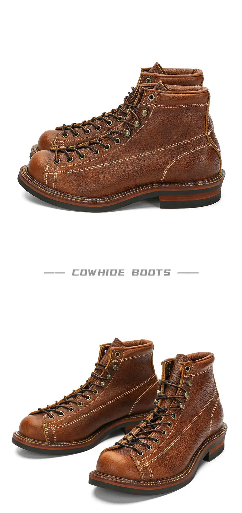 KOWM Cowhide Hiking Shoes Men's Walking Boot British Trekking Shoes Thick Soled Cowhide High Top Motorcycle Boots Ankle Sneakers