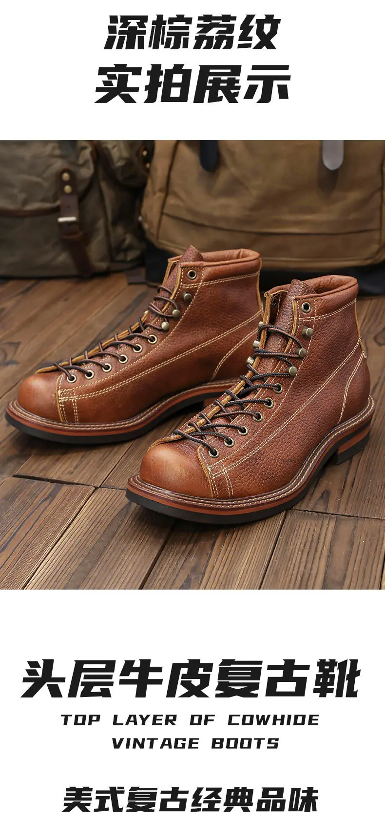 KOWM Cowhide Hiking Shoes Men's Walking Boot British Trekking Shoes Thick Soled Cowhide High Top Motorcycle Boots Ankle Sneakers