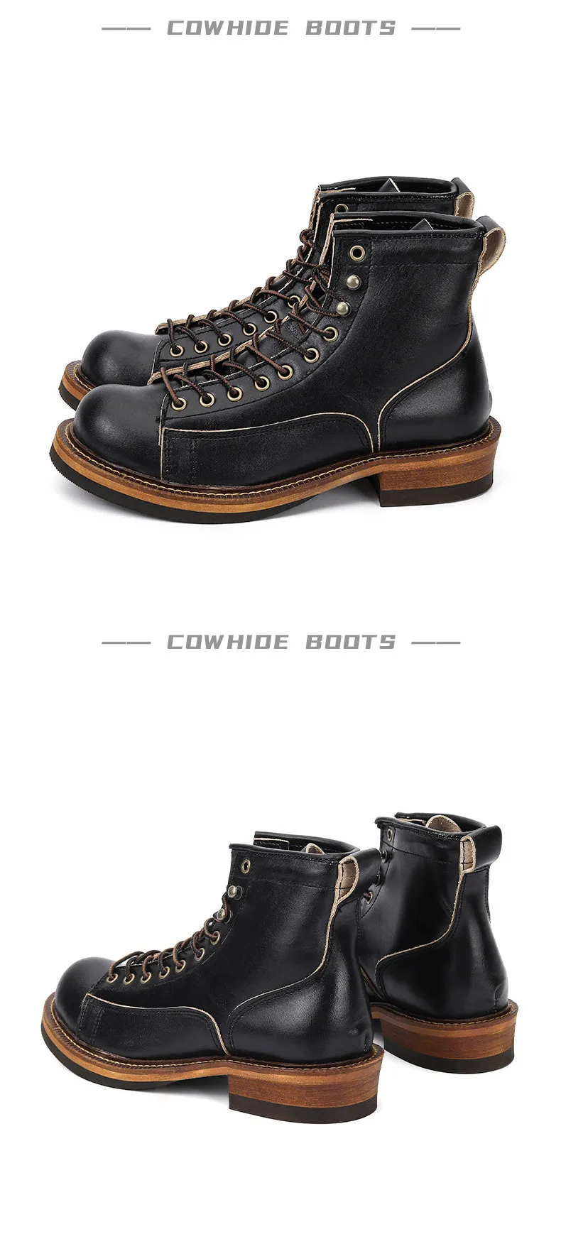 KOWM Cowhide Hiking Shoes Men's Walking Boot British Trekking Shoes Thick Soled Cowhide High Top Motorcycle Boots Ankle Sneakers