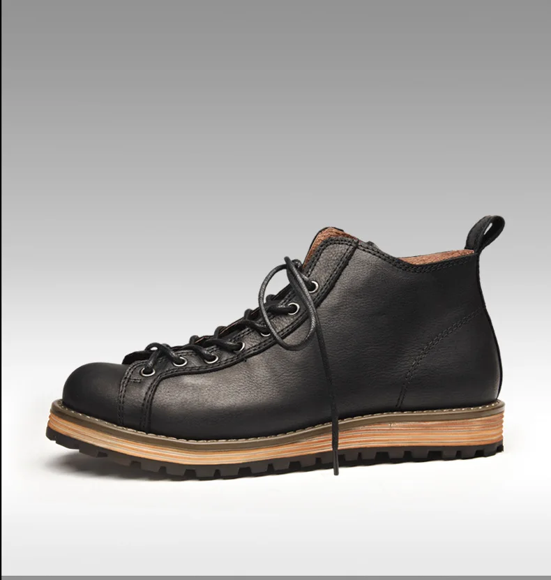 KOWM Cowhide Hiking Shoes Men's Walking Boot British Trekking Shoes Thick Soled Cowhide High Top Motorcycle Boots Ankle Sneakers
