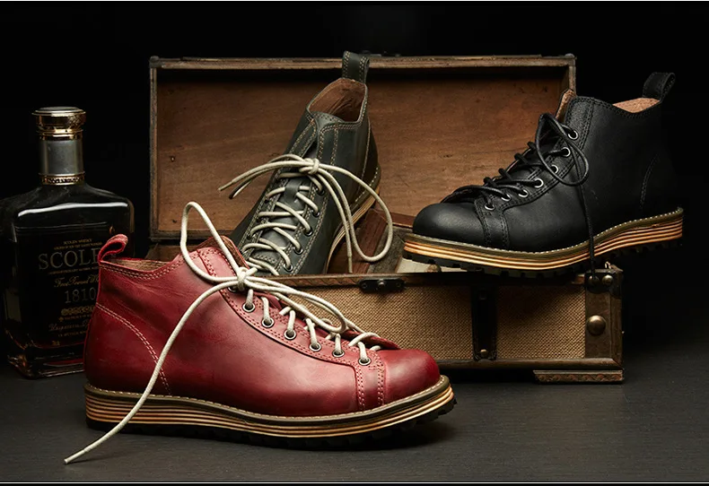 KOWM Cowhide Hiking Shoes Men's Walking Boot British Trekking Shoes Thick Soled Cowhide High Top Motorcycle Boots Ankle Sneakers