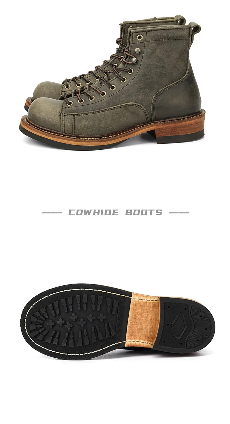 KOWM Cowhide Hiking Shoes Men's Walking Boot British Trekking Shoes Thick Soled Cowhide High Top Motorcycle Boots Ankle Sneakers
