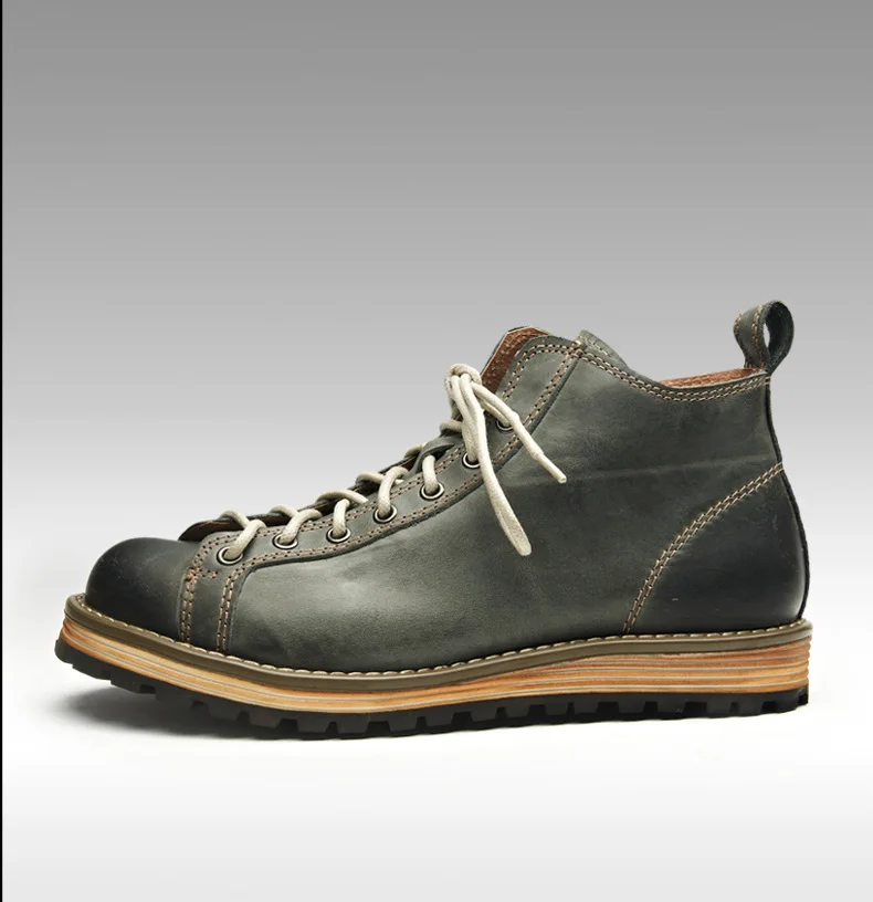 KOWM Cowhide Hiking Shoes Men's Walking Boot British Trekking Shoes Thick Soled Cowhide High Top Motorcycle Boots Ankle Sneakers