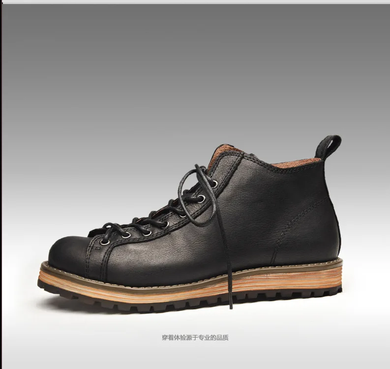 KOWM Cowhide Hiking Shoes Men's Walking Boot British Trekking Shoes Thick Soled Cowhide High Top Motorcycle Boots Ankle Sneakers