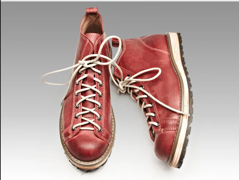 KOWM Cowhide Hiking Shoes Men's Walking Boot British Trekking Shoes Thick Soled Cowhide High Top Motorcycle Boots Ankle Sneakers