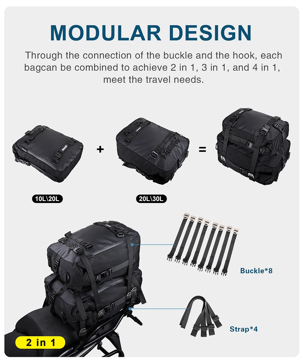 Rhinowalk Motorcycle Back Seat Bag 10L/20L/ 30L Waterproof Motor Side Tail Pannier Bag Luggage Backpack with Rainproof Inner Bag