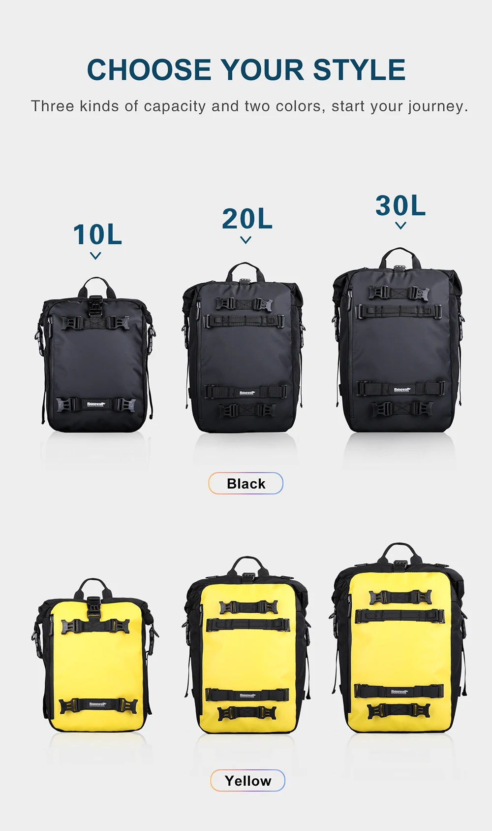 Rhinowalk Motorcycle Back Seat Bag 10L/20L/ 30L Waterproof Motor Side Tail Pannier Bag Luggage Backpack with Rainproof Inner Bag