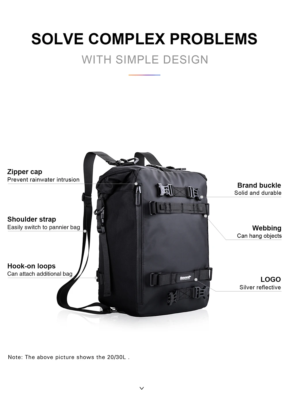 Rhinowalk Motorcycle Back Seat Bag 10L/20L/ 30L Waterproof Motor Side Tail Pannier Bag Luggage Backpack with Rainproof Inner Bag