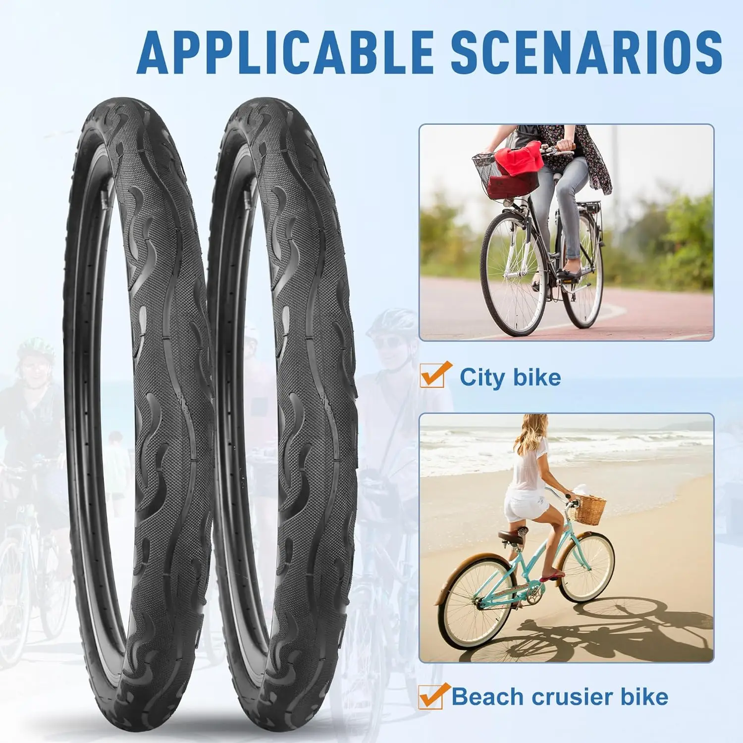 ZUKKA 2 Pack Bike Tire for Cruiser Bike 20/24/26 Inch  Flame Pattern Thread Bicycle Tire for MTB Cruiser Bicycle Black