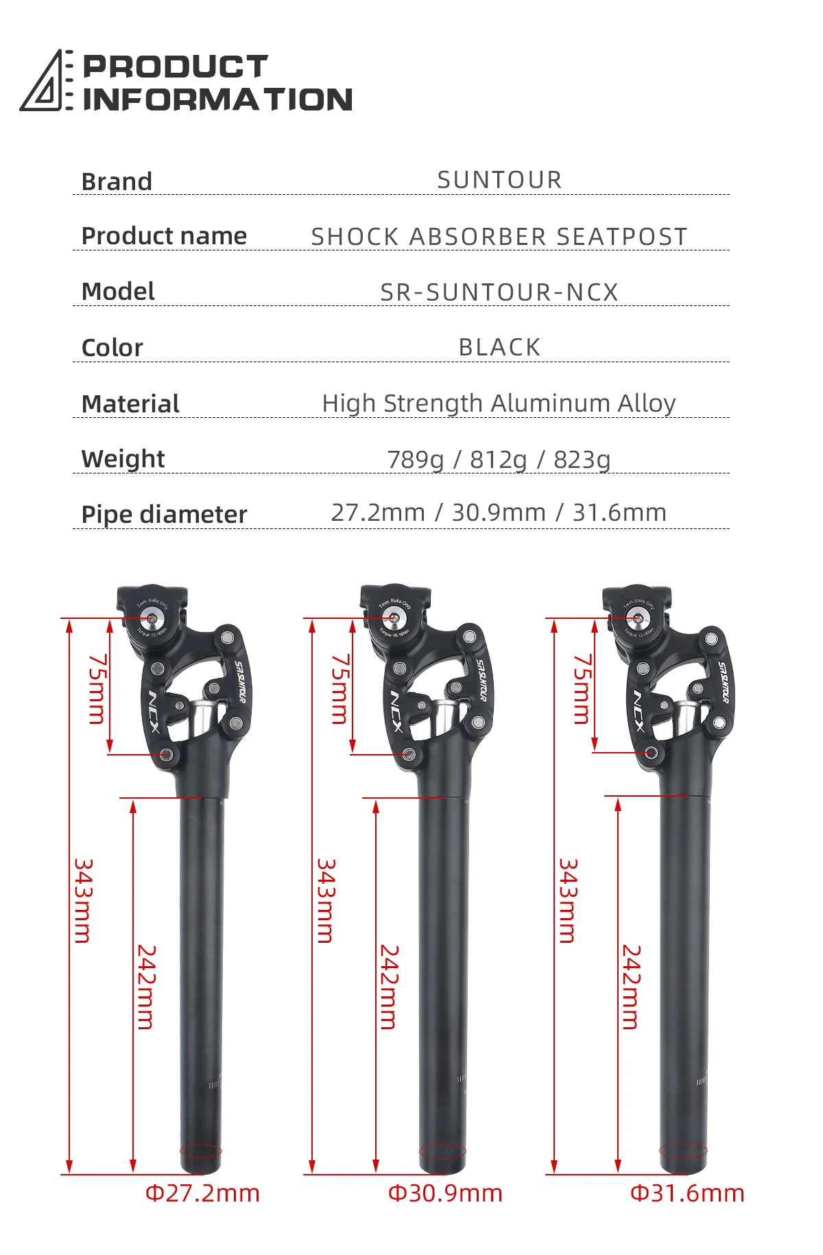 SR Suntour NCX MTB Suspension Seatpost Mountain Bike Dropper 27.2 30.9 31.6mm*350mm Bicycle Shock Absorber Seat Tube
