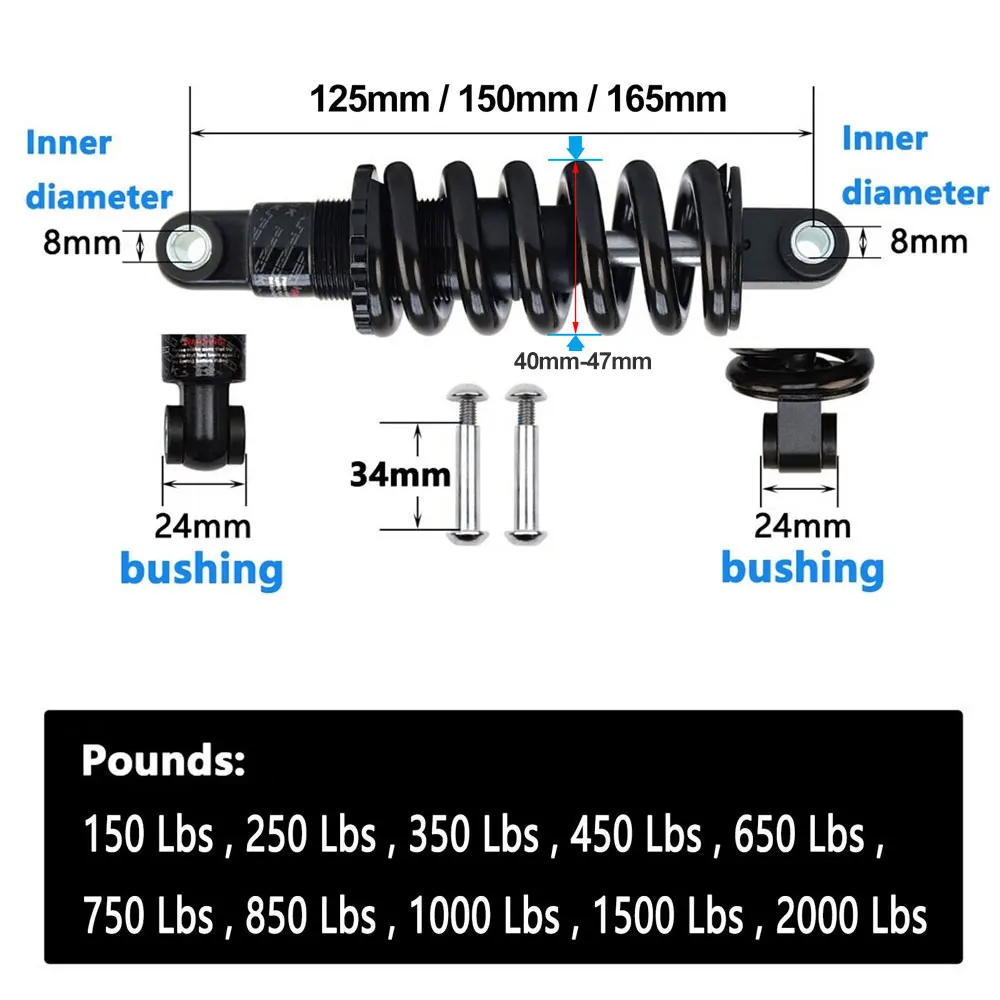 AttLvTu-Bike Rear Shock Absorber, Spring, MTB, 125mm, 150mm, 165mm, GS-121A, 100 to 2000 lbs, Suspension Damper