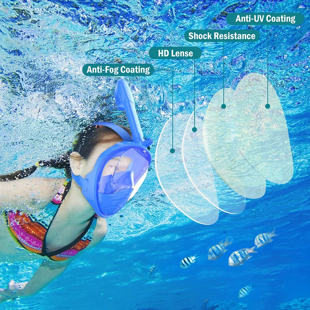 Kids Full Face Snorkel Mask with Detachable Camera Mount Dry Top Snorkeling Swimming Diving Mask Wide View Anti-Fog Anti-Leak