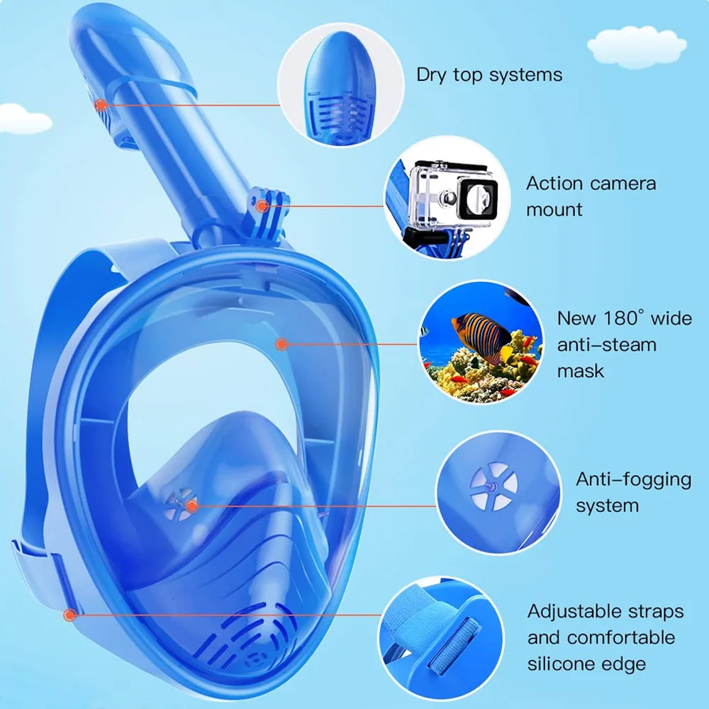 Kids Full Face Snorkel Mask with Detachable Camera Mount Dry Top Snorkeling Swimming Diving Mask Wide View Anti-Fog Anti-Leak