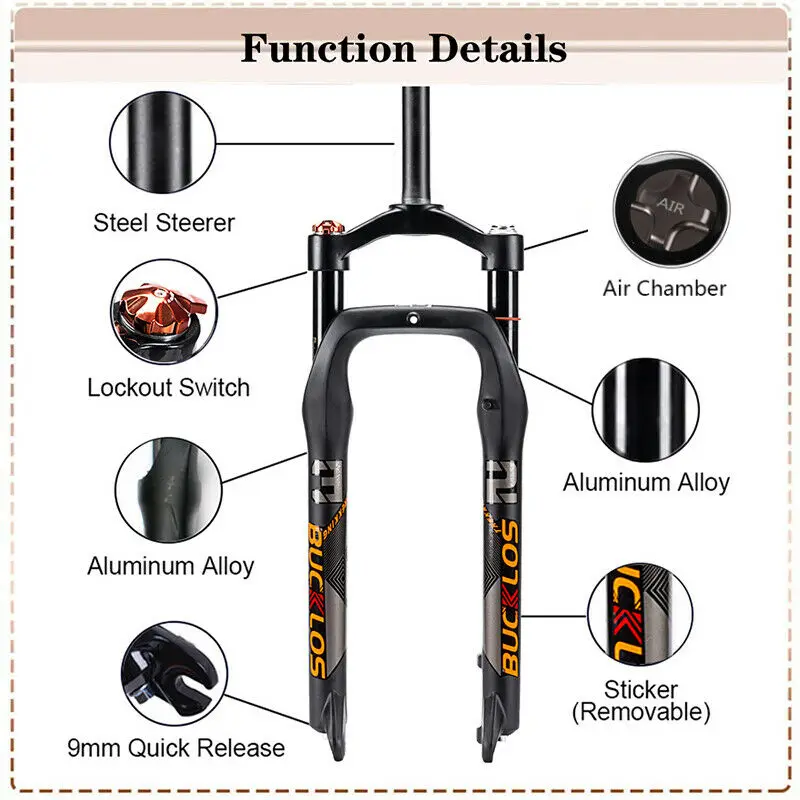 BUCKLOS Fat Bike Fork 26inch 4.0'' Tire Mountain Bike Air Suspension Fork 9*135mm Quick Release Snow Bike Fork Bicycle Parts