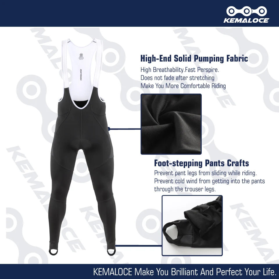 KEMALOCE Men Cycling Bib Pants Winter Quick Dry Blue/Black/Grey Gel Pad Fleece Thermal MTB Bike Pants High End Long Bib Tights