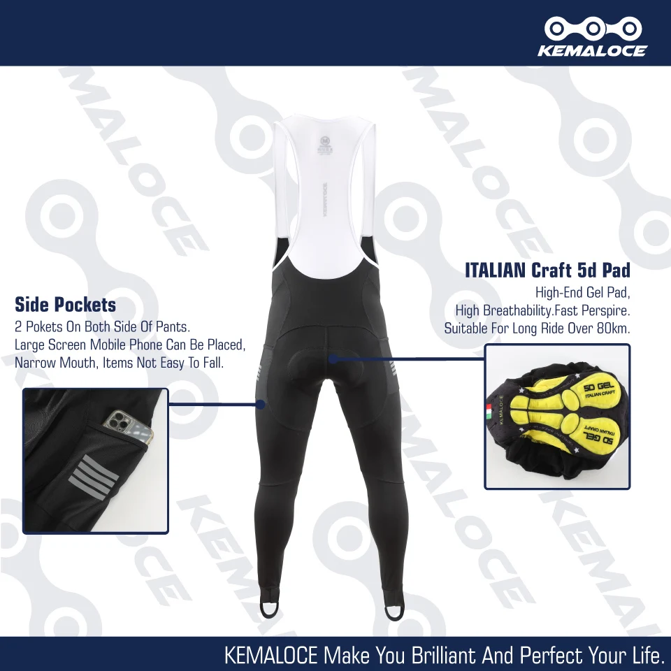 KEMALOCE Men Cycling Bib Pants Winter Quick Dry Blue/Black/Grey Gel Pad Fleece Thermal MTB Bike Pants High End Long Bib Tights