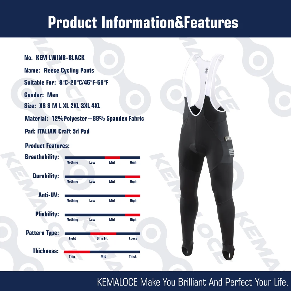 KEMALOCE Men Cycling Bib Pants Winter Quick Dry Blue/Black/Grey Gel Pad Fleece Thermal MTB Bike Pants High End Long Bib Tights