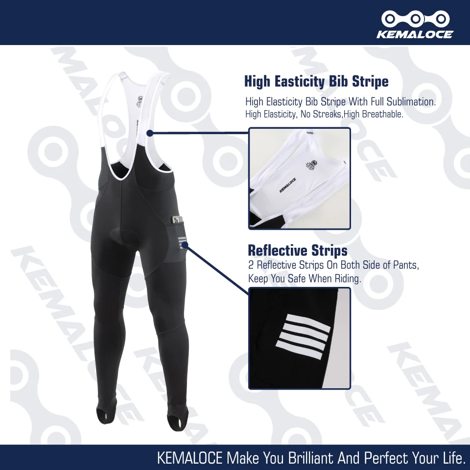 KEMALOCE Men Cycling Bib Pants Winter Quick Dry Blue/Black/Grey Gel Pad Fleece Thermal MTB Bike Pants High End Long Bib Tights
