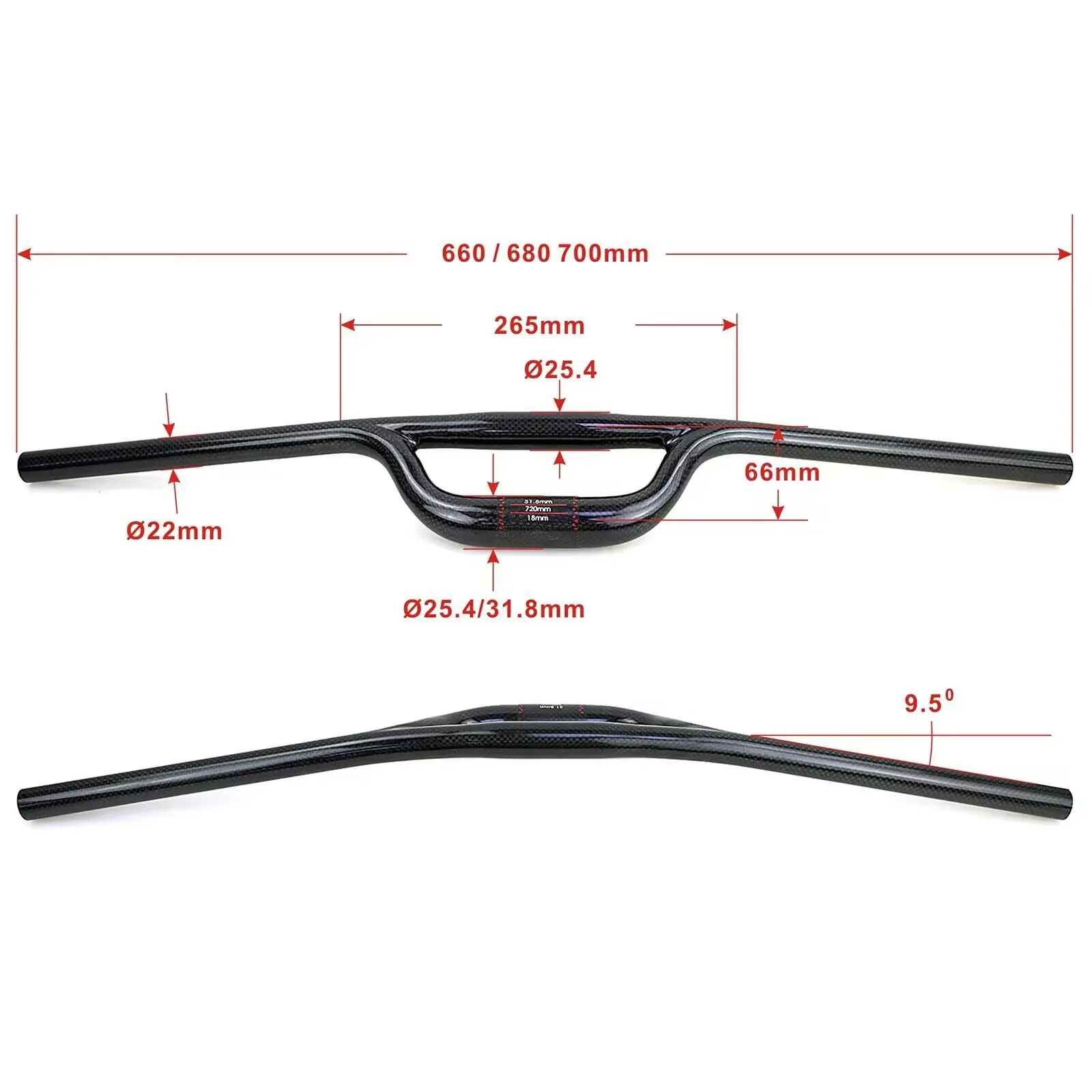 New Foled Bike 3K Full Carbon Fibre Bicycle Handlebar 9.5 Degrees Backsweep Double Tube Carbon Handlebar MTB 66mm Rise