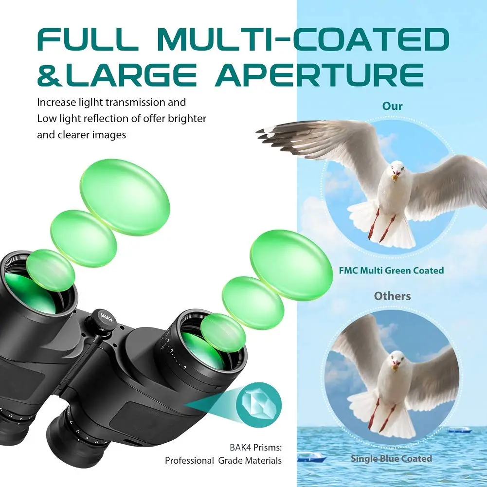 Binoculars 10x50 Marine Military Telescope Adults Waterproof With Rangefinder Compass BAK4 Prism HD Bird Watching For Hunting
