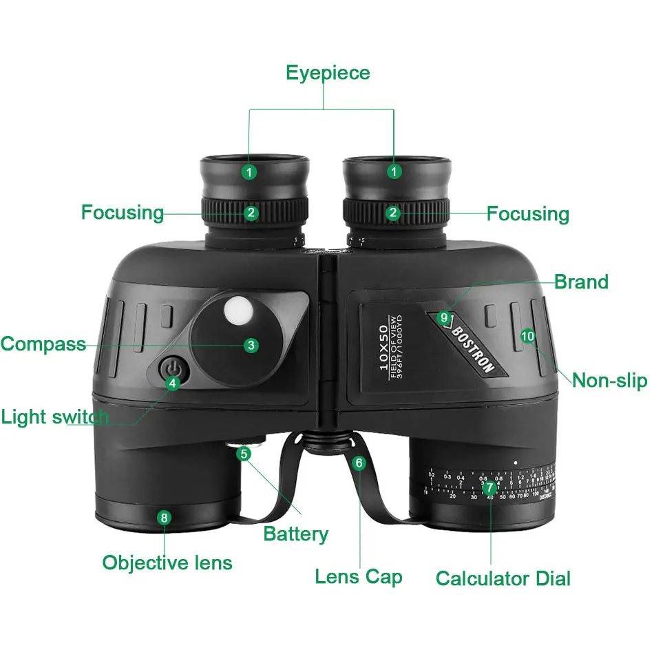 Binoculars 10x50 Marine Military Telescope Adults Waterproof With Rangefinder Compass BAK4 Prism HD Bird Watching For Hunting