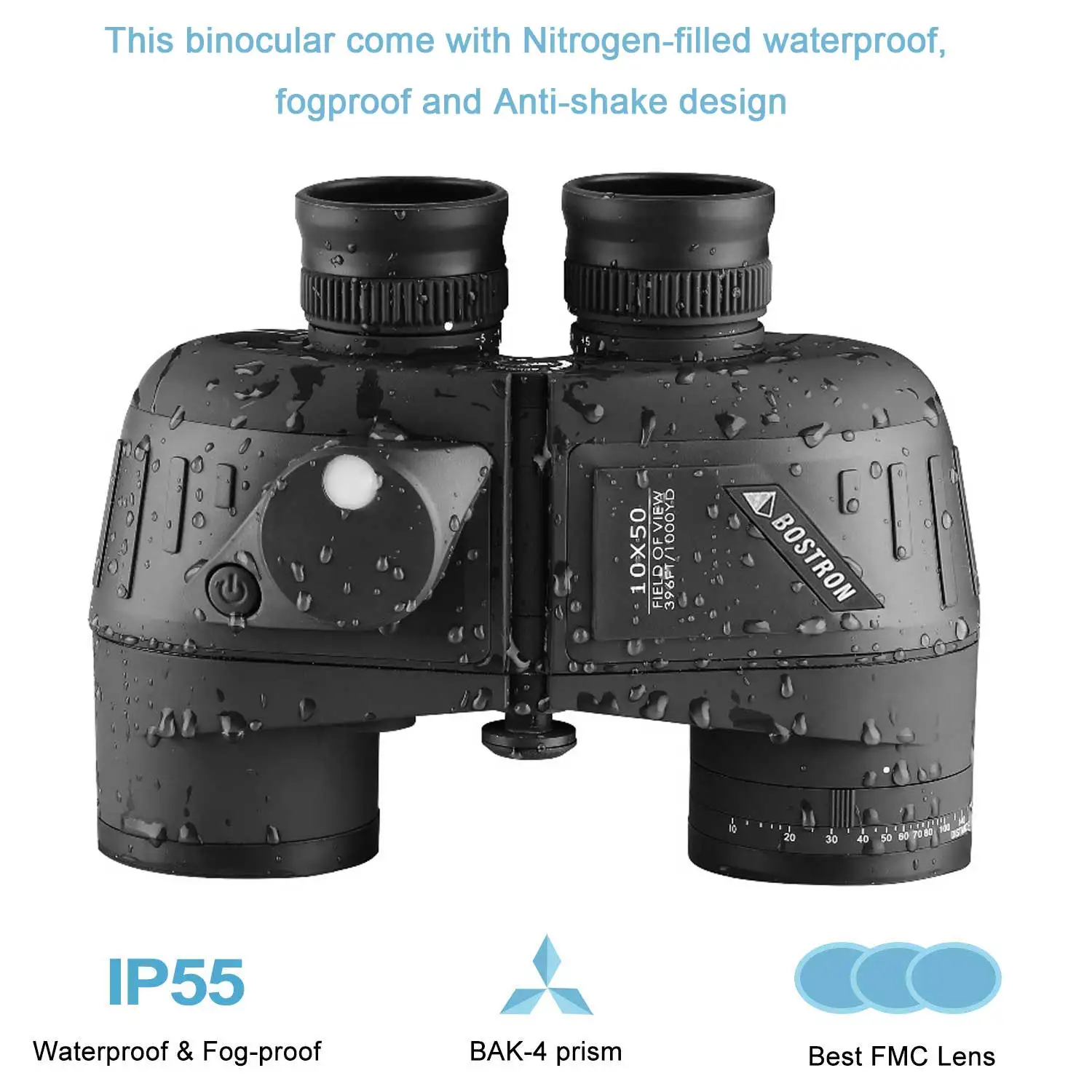 Binoculars 10x50 Marine Military Telescope Adults Waterproof With Rangefinder Compass BAK4 Prism HD Bird Watching For Hunting