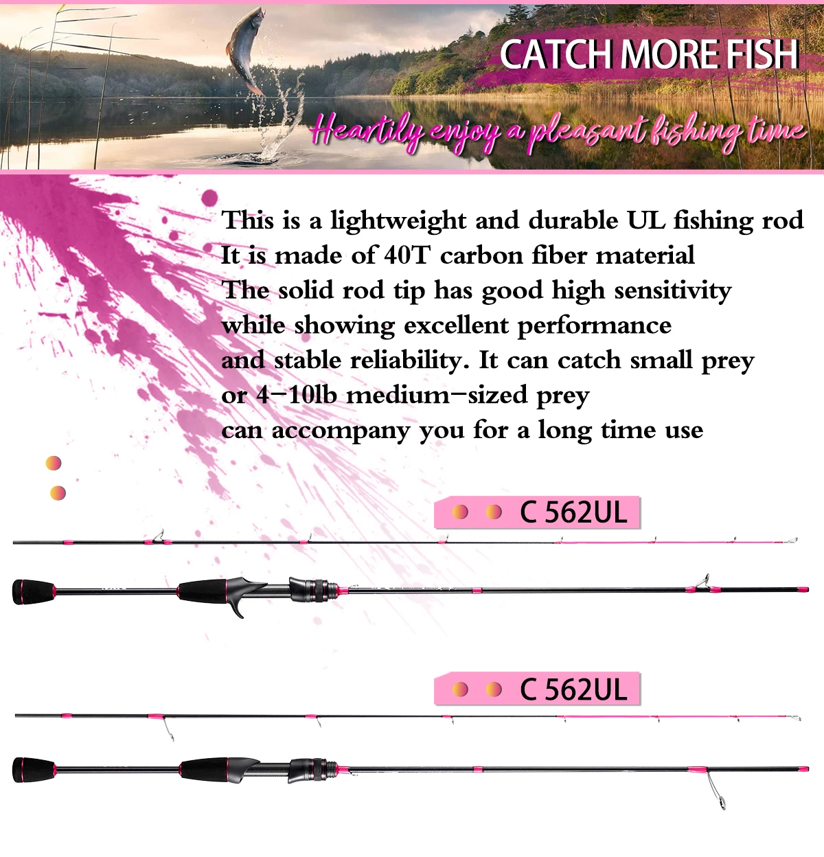 Hunting Goddess 1.35/1.5/1.68/1.8m 5 Feet UL Supper Light Pink Solid Tip Fast Action Carbon Fishing Rod Girl Female Casting Rod
