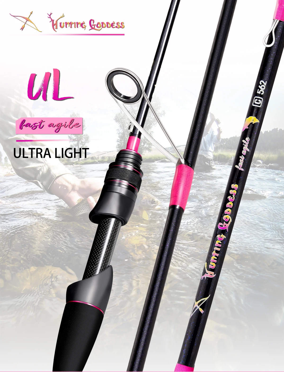 Hunting Goddess 1.35/1.5/1.68/1.8m 5 Feet UL Supper Light Pink Solid Tip Fast Action Carbon Fishing Rod Girl Female Casting Rod