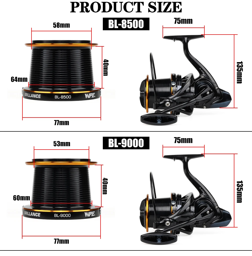 W.P.E Brillance Carp Fishing Reel 8500 9000 Spinning Reel 7+1 Ball Bearings 4.6: 1 Gear Ratio Full Metal Line Spool Fish Tackle
