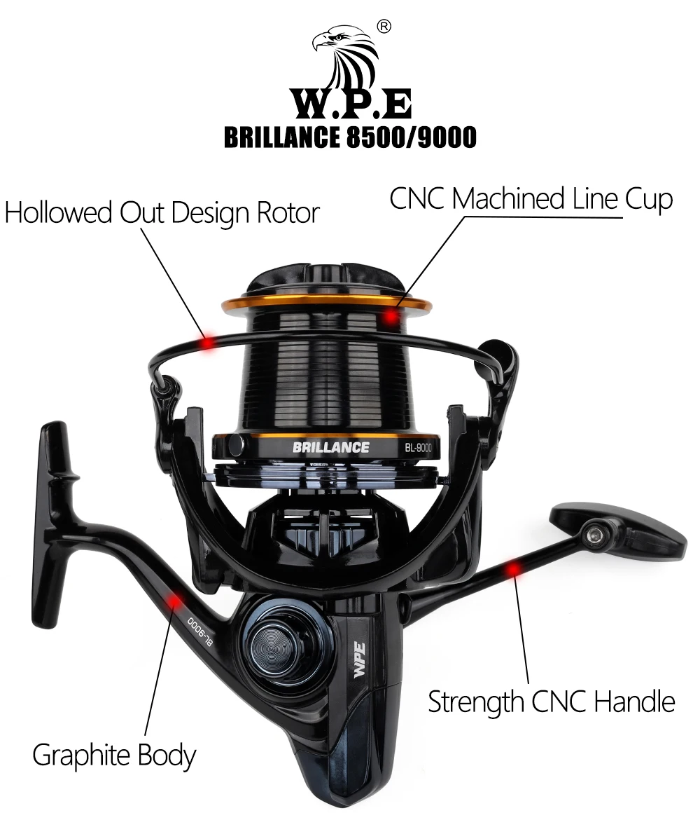 W.P.E Brillance Carp Fishing Reel 8500 9000 Spinning Reel 7+1 Ball Bearings 4.6: 1 Gear Ratio Full Metal Line Spool Fish Tackle
