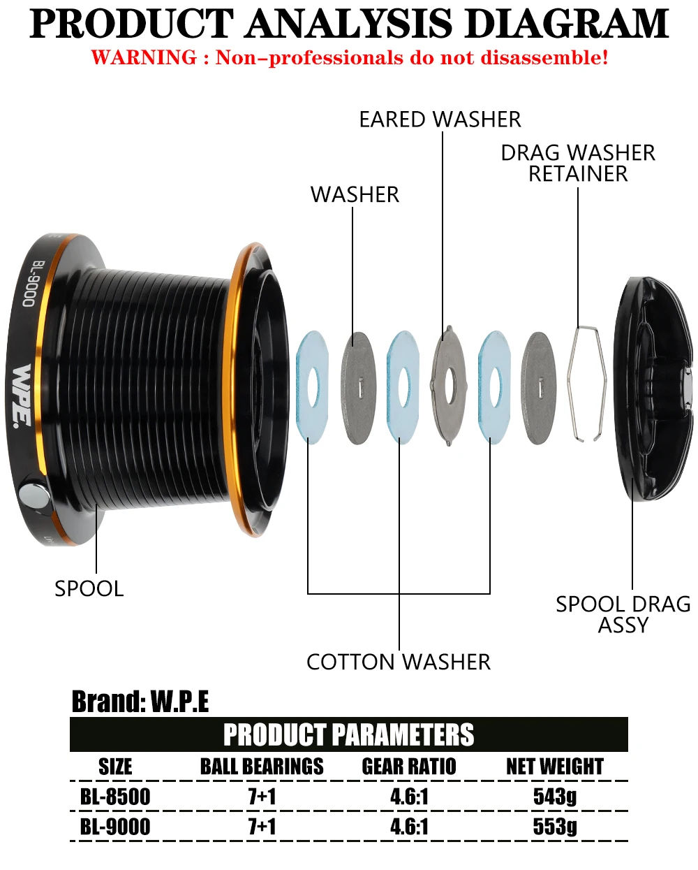 W.P.E Brillance Carp Fishing Reel 8500 9000 Spinning Reel 7+1 Ball Bearings 4.6: 1 Gear Ratio Full Metal Line Spool Fish Tackle