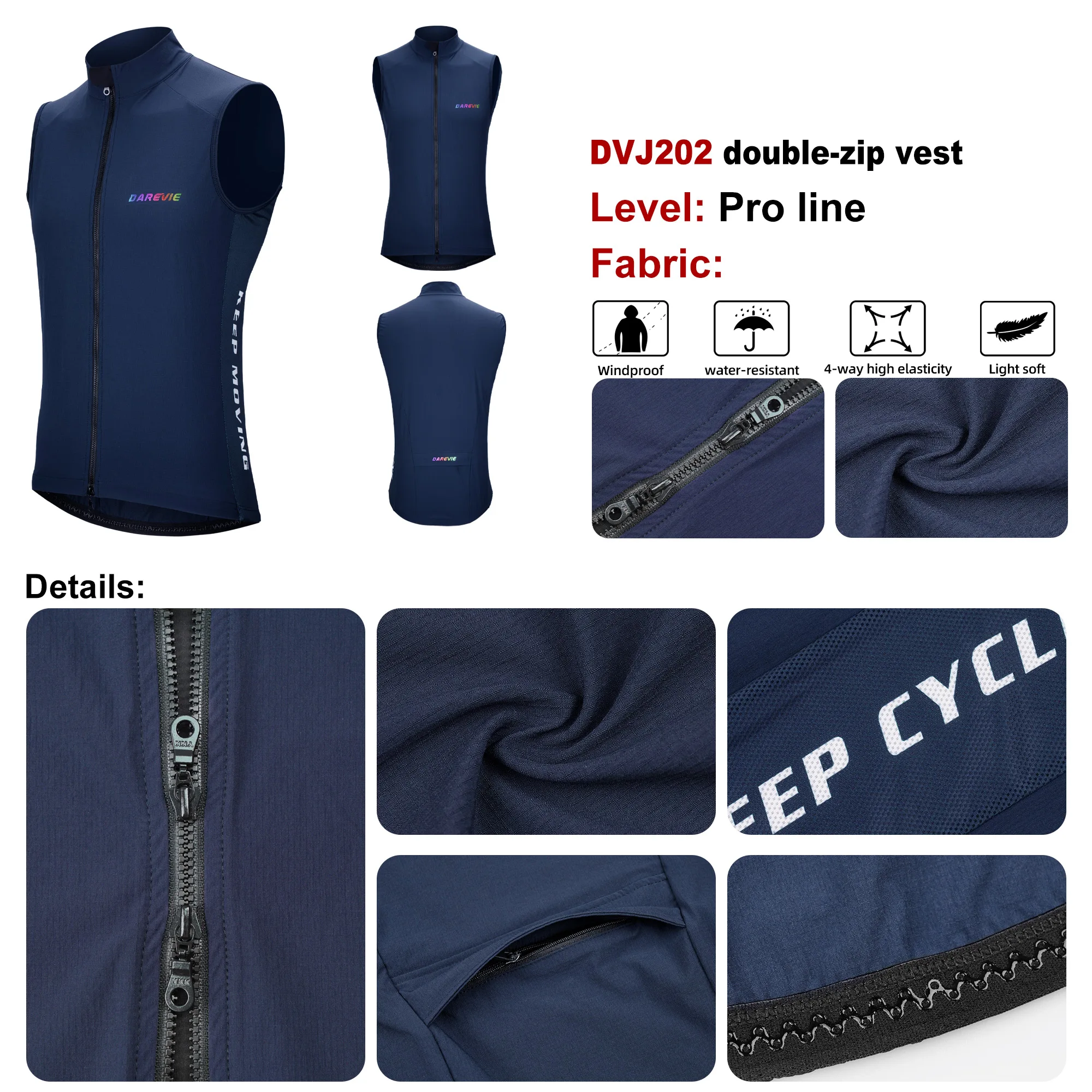 DAREVIE Cycling Vest Windproof Cycling Wind Gilet Waterproof 2 Way Zippers Cycling Windbreaker Back Zipper Pockets Men Women