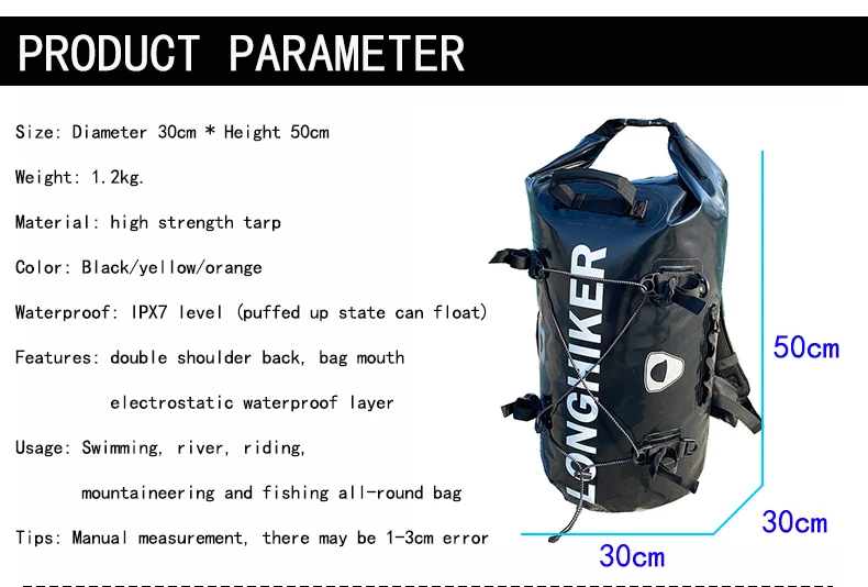 30L Outdoor Waterproof Backpack River Rafting Fishing Caving Tour Hiking Pole Riding Backpack