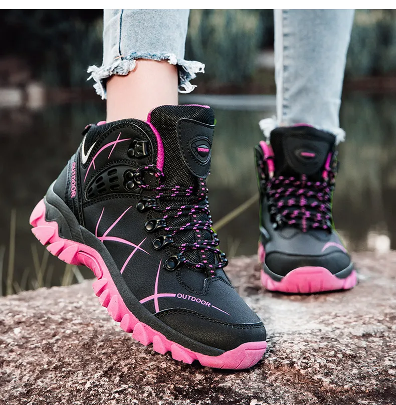 Winter Women Hiking Boots Non-Slip Outdoor Trekking Shoes Plush Warm Ankle Boots For Mountain Camping Backpacking