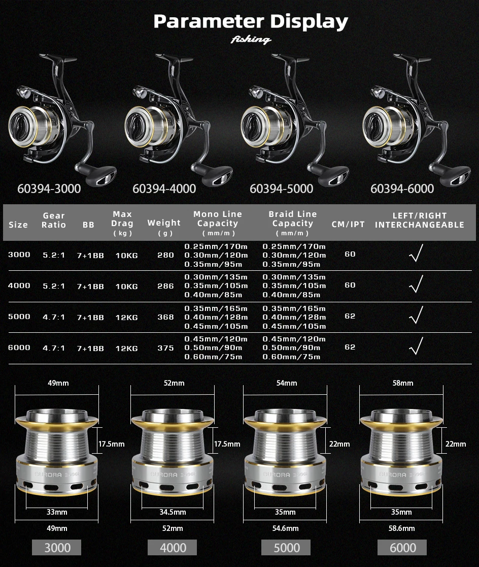 MIFINE-AURORA Powerful Fishing Reel, Spinning Reel 5.2:1/4.7:1, Spare Spool, Saltwater, Freshwater, Carp Fishing, 7 + 1BB