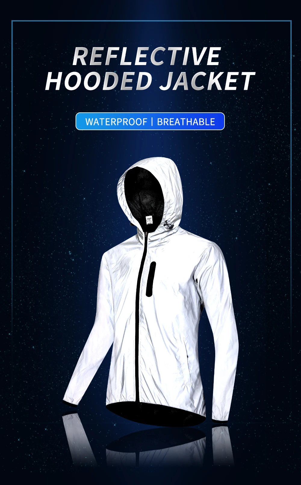 WOSAWE Men's Fully Reflective Jacket Outdoor Lightweight Windbreaker MTB Bike Hooded Rain Jacket Running Fishing Cycling Coat