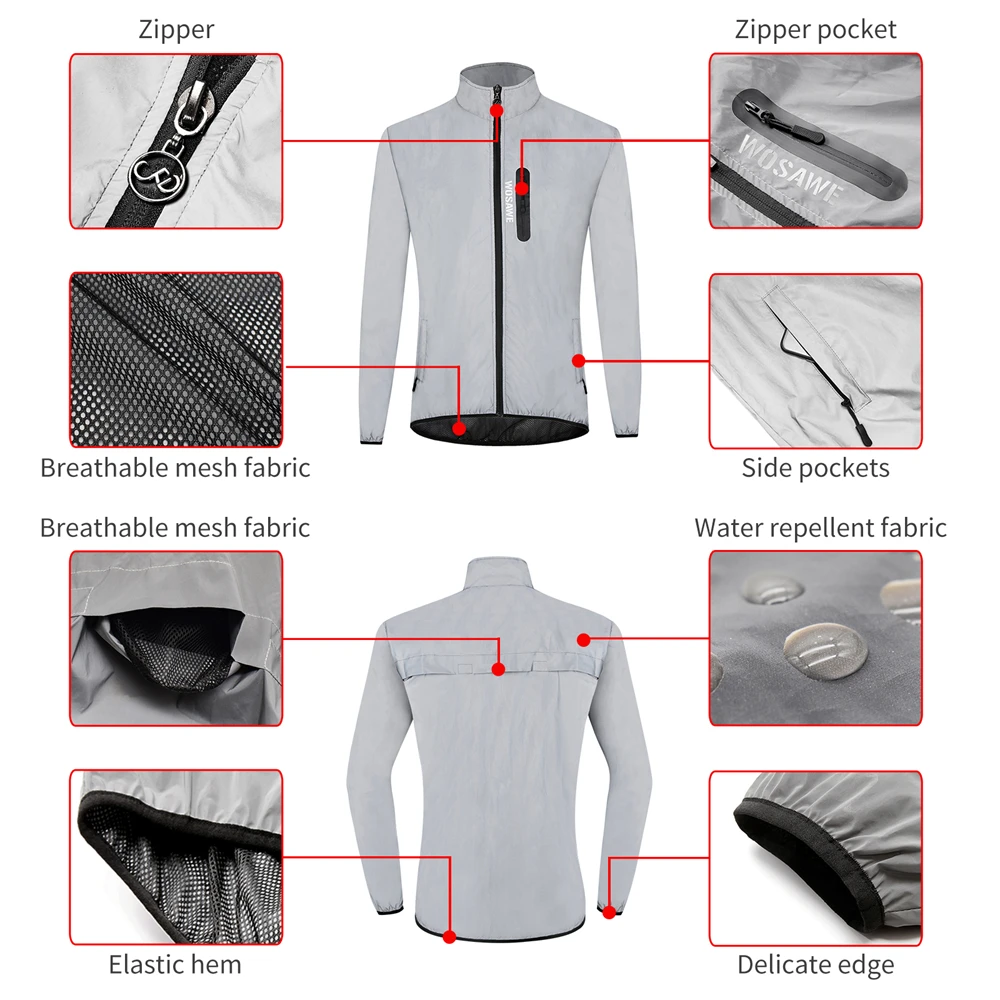 WOSAWE Men's Fully Reflective Jacket Outdoor Lightweight Windbreaker MTB Bike Hooded Rain Jacket Running Fishing Cycling Coat