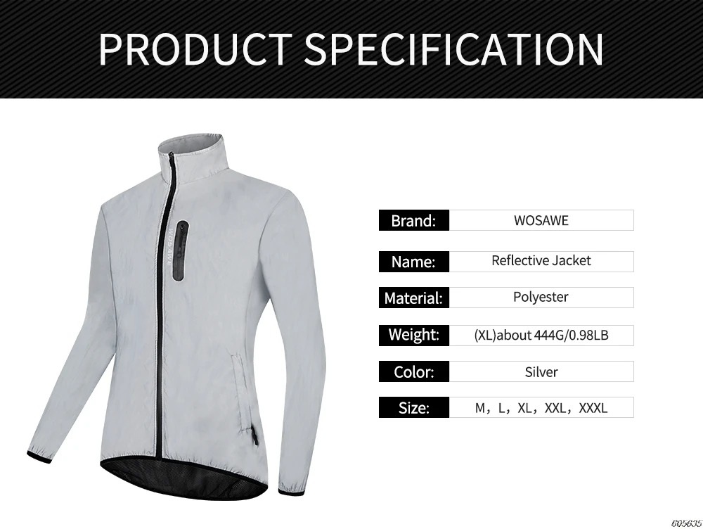 WOSAWE Men's Fully Reflective Jacket Outdoor Lightweight Windbreaker MTB Bike Hooded Rain Jacket Running Fishing Cycling Coat