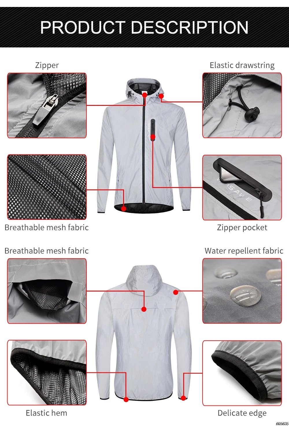 WOSAWE Men's Fully Reflective Jacket Outdoor Lightweight Windbreaker MTB Bike Hooded Rain Jacket Running Fishing Cycling Coat