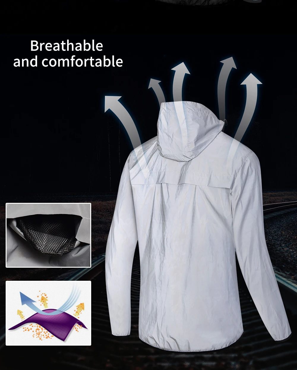 WOSAWE Men's Fully Reflective Jacket Outdoor Lightweight Windbreaker MTB Bike Hooded Rain Jacket Running Fishing Cycling Coat