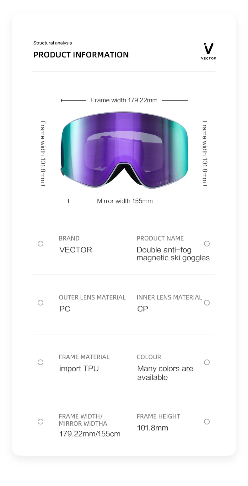 VECTOR Ski Goggles Snowboard Anti-fog and Anti-ultraviolet Poc Men Women Skiing Eyewear UV400 Snow Protection Glasses Double