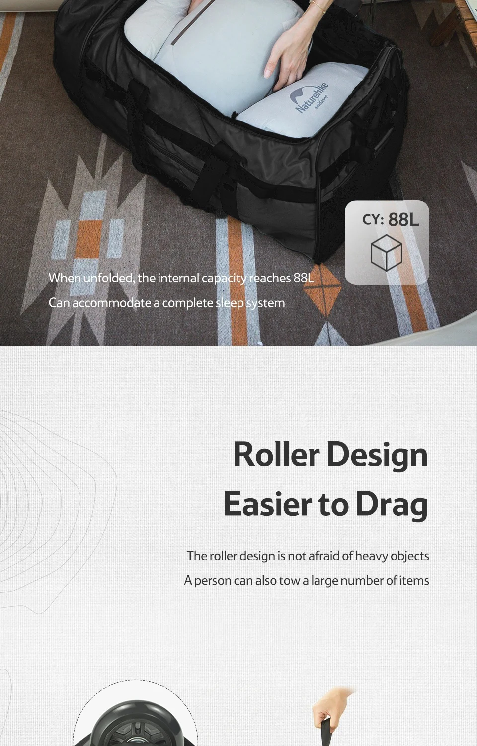 Naturehike 88L Camping Bag Folding Large Capacity Travel Tugboat Bag Portable Hand Sundry Storage Bag Outdoor Hiking Wheel Box