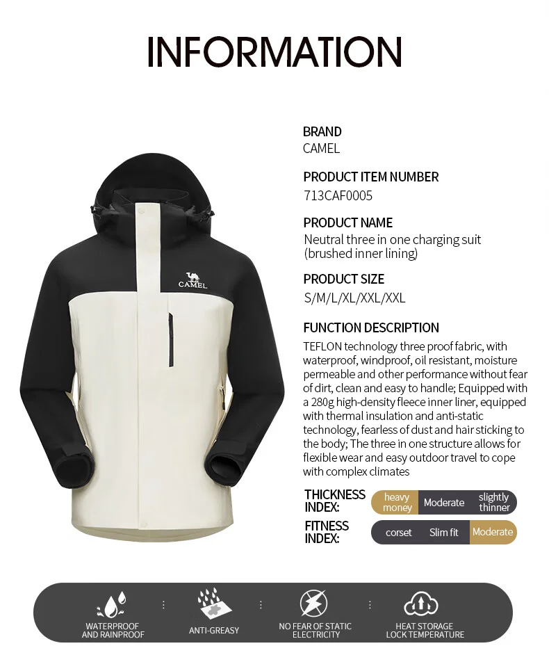 GOLDEN CAMEL Waterproof Hiking Jackets Women Men's Windbreakers Three-proof Fleece Jacket for Women 3 IN1 Detachable Winter Coat