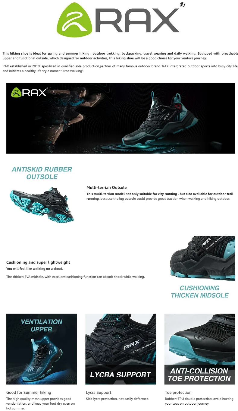 RAX Running Shoes Men&Women Outdoor Sport Shoes Breathable Lightweight Sneakers Air Mesh Upper Anti-slip Natural Rubber Outsole