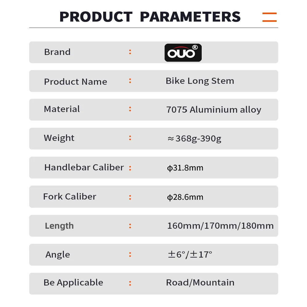 OUO Long Bike Stem 7075 Aluminum CNC Stem 17/ 6 Degree Mtb Handlebar Stem 160/170/180mm Takeaway 31.8mm Downstem Bike Table