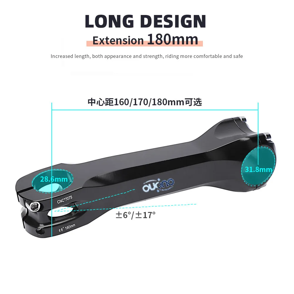 OUO Long Bike Stem 7075 Aluminum CNC Stem 17/ 6 Degree Mtb Handlebar Stem 160/170/180mm Takeaway 31.8mm Downstem Bike Table