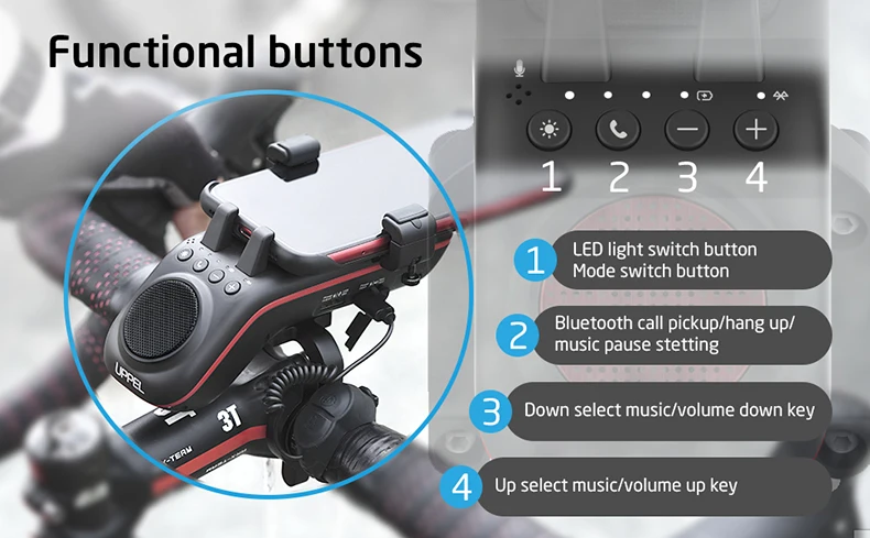UPPEL 10 in 1 Bike Light 5000mAh Rechargeable Front Lamp Bicycle Phone Holder with Bluetooth Speaker Cycling Bell Accessories