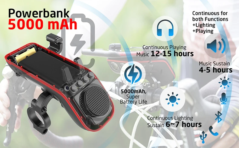 UPPEL 10 in 1 Bike Light 5000mAh Rechargeable Front Lamp Bicycle Phone Holder with Bluetooth Speaker Cycling Bell Accessories