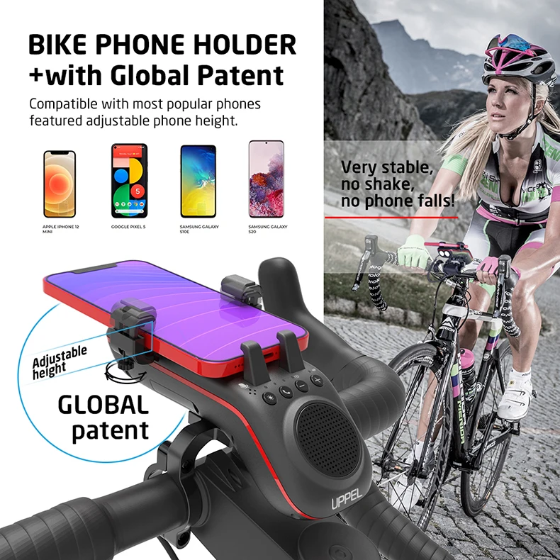 UPPEL 10 in 1 Bike Light 5000mAh Rechargeable Front Lamp Bicycle Phone Holder with Bluetooth Speaker Cycling Bell Accessories