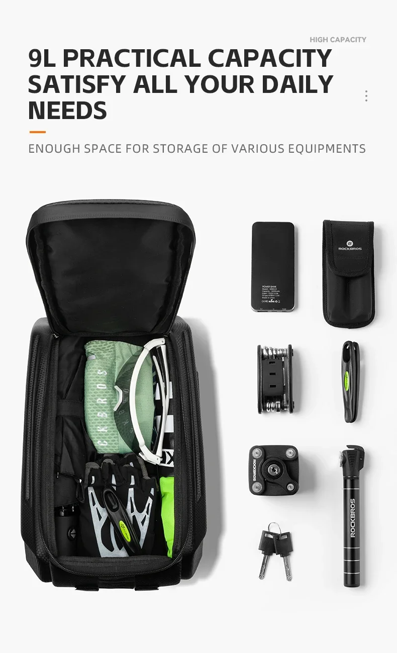 ROCKBROS Bicycle Rear Seat Bag Waterproof 9L Large Capacity Trunk Cycling Seat Tail Rear Pouch Bag Bike Rack Trunk Cargo Bag